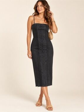 Miou Muse Black Denim Corset Maxi Dress L Stretch Bodycon Slit